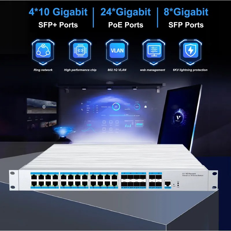 Sfp+ 10G Managed Switch 8 Port - 24포트 PoE 산업용 관리형 스위치, 4개의