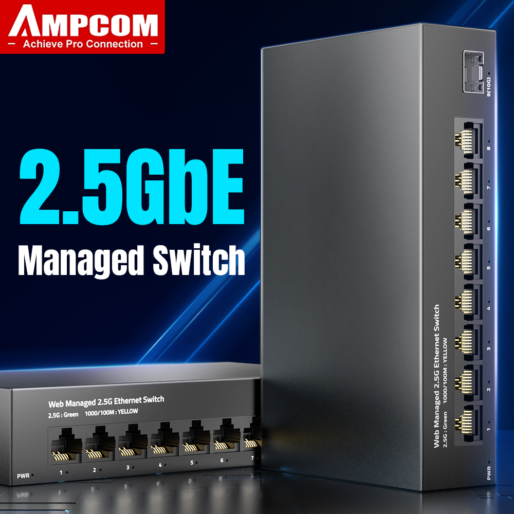 Sfp+ 10G Managed Switch 8 Port - AMPCOM 팬리스 GBASE-T 네트워크 스위처, 2.5GbE